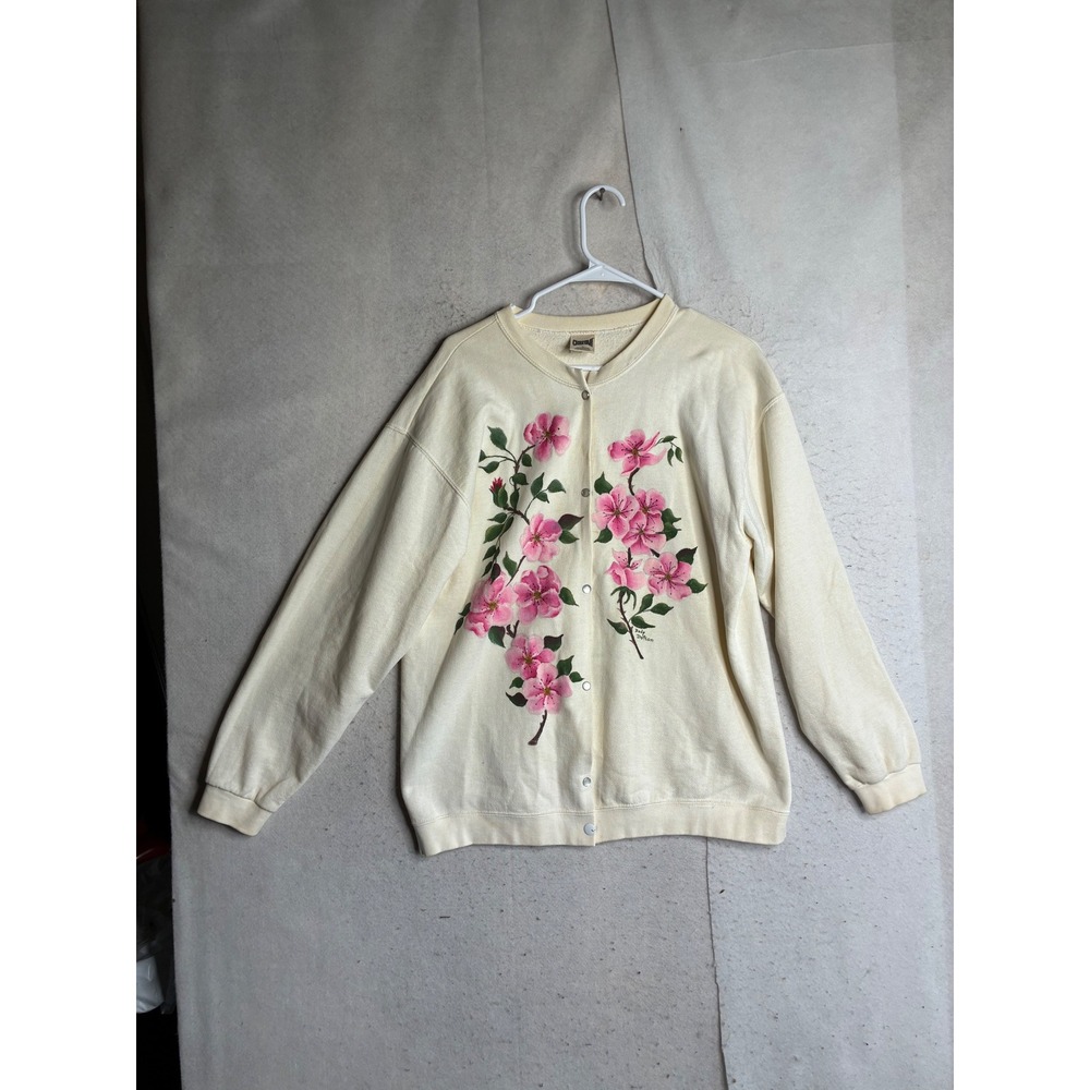 Vintage Cheetah Cream Floral Snap Front Cardigan Sweatshirt Large Made in USA